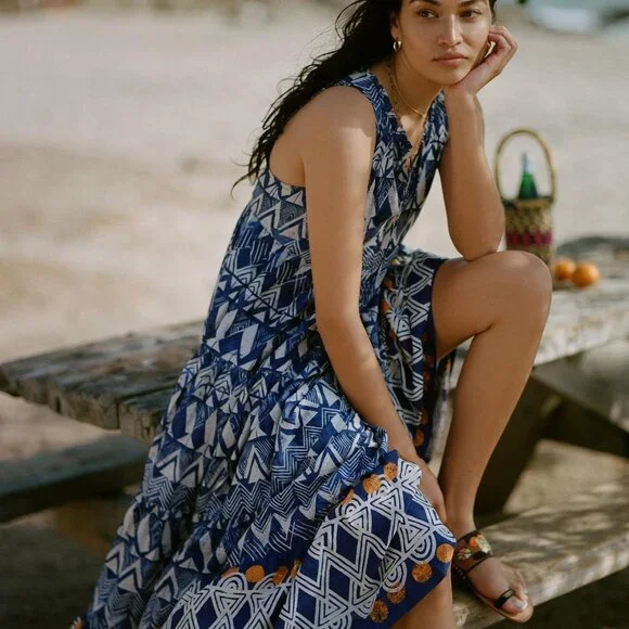 Anthropologie Tiered Abstract Maxi Blue Geometric Cotton Dress - Picture 2 of 12